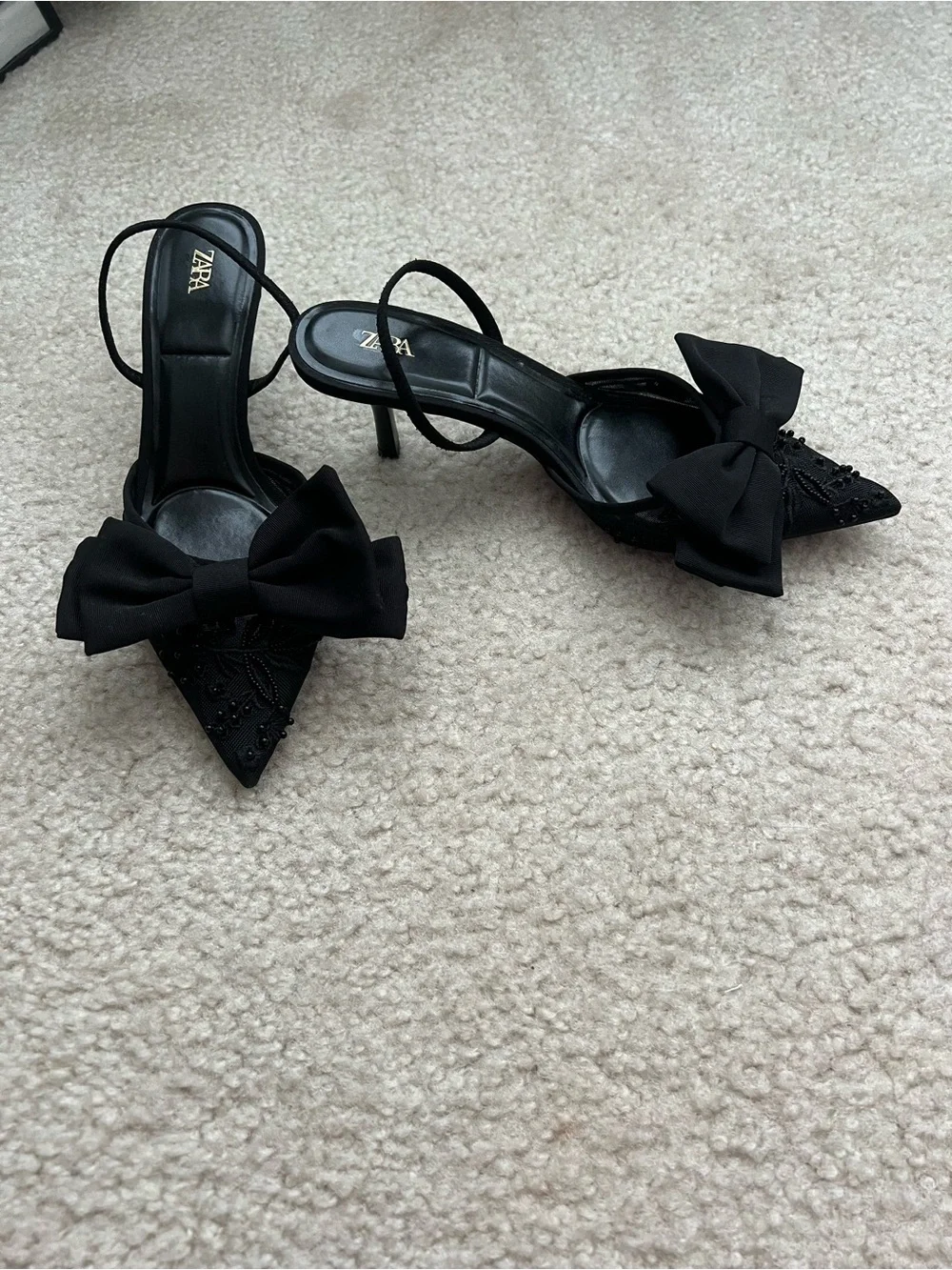 ZARA Black Pointed Toe Slingback Heels with Bow